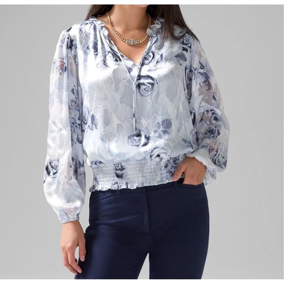 White House Black Market Tops - White House Black Market Blue Floral Silk Burnout Smocked Blouse Womens XS
